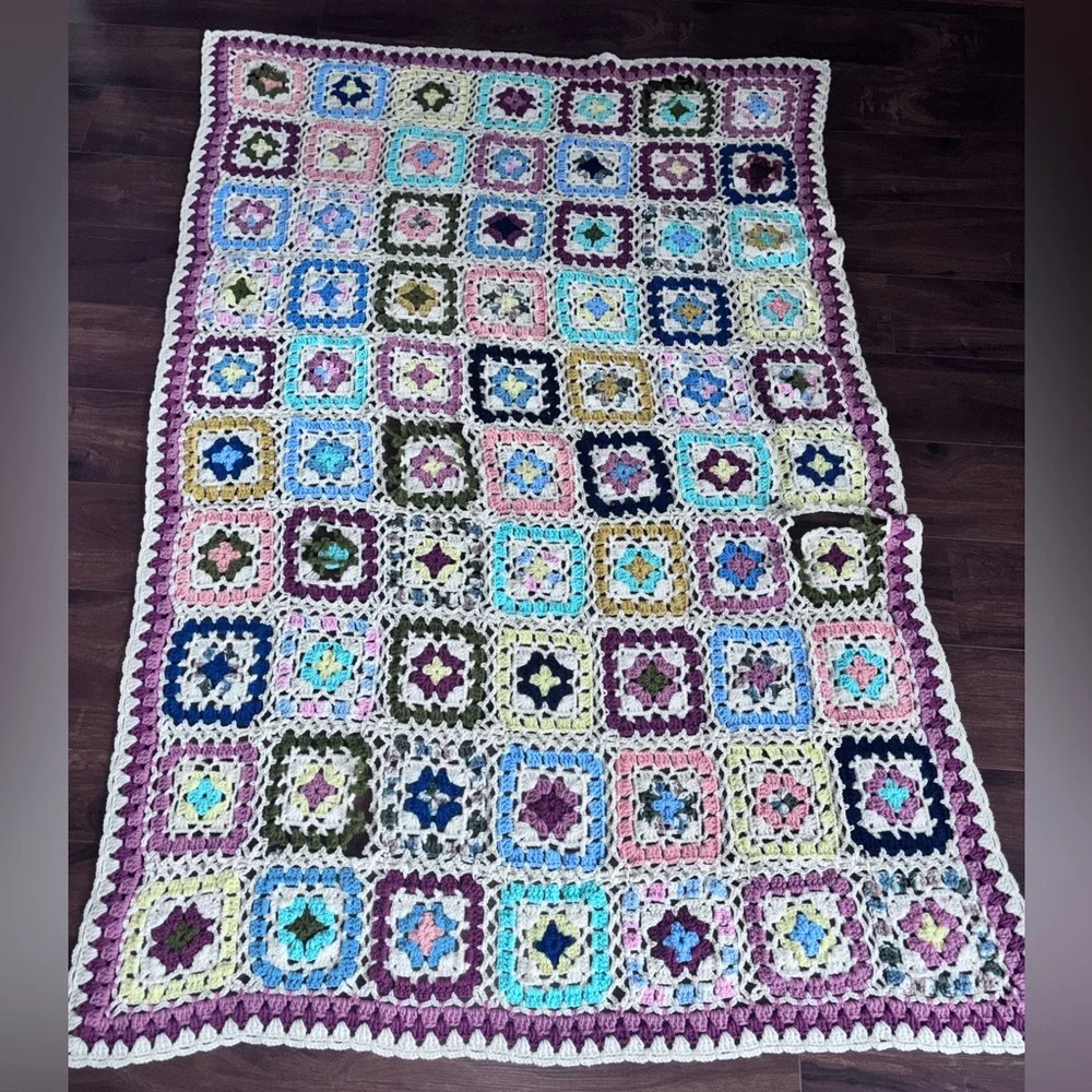 Afghan Blanket Throw Handmade Granny Squares Colorful Hand Crocheted 75 X 50”